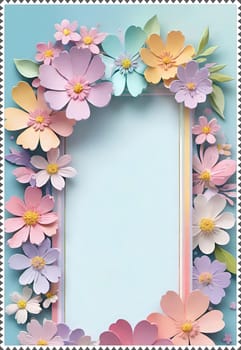 Cherry blossom frame on pastel background with space for text. Sakura.Paper art of Cherry blossom with frame on pastel background.Paper cut style.Spring background with sakura flowers and leaves. Vector paper illustration.3d rendering.Spring flowers frame with copy space for your text. Pastel colors.Minimal style.İnvitation and celebrations.