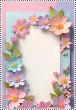 Cherry blossom frame on pastel background with space for text. Sakura.Paper art of Cherry blossom with frame on pastel background.Paper cut style.Spring background with sakura flowers and leaves. Vector paper illustration.3d rendering.Spring flowers frame with copy space for your text. Pastel colors.Minimal style.İnvitation and celebrations.