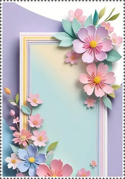 Cherry blossom frame on pastel background with space for text. Sakura.Paper art of Cherry blossom with frame on pastel background.Paper cut style.Spring background with sakura flowers and leaves. Vector paper illustration.3d rendering.Spring flowers frame with copy space for your text. Pastel colors.Minimal style.İnvitation and celebrations.