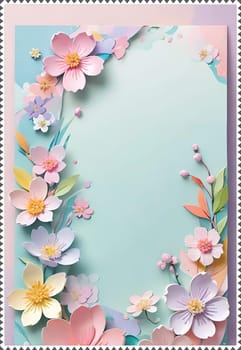 Cherry blossom frame on pastel background with space for text. Sakura.Paper art of Cherry blossom with frame on pastel background.Paper cut style.Spring background with sakura flowers and leaves. Vector paper illustration.3d rendering.Spring flowers frame with copy space for your text. Pastel colors.Minimal style.İnvitation and celebrations.