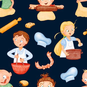 Seamless pattern. Happy funny cute kids are cooking lunch. The little helpers are making dinner. A friendly cozy family. children in the kitchen. Watercolor black background Joyful characters.