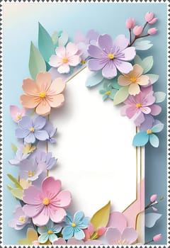 Cherry blossom frame on pastel background with space for text. Sakura.Paper art of Cherry blossom with frame on pastel background.Paper cut style.Spring background with sakura flowers and leaves. Vector paper illustration.3d rendering.Spring flowers frame with copy space for your text. Pastel colors.Minimal style.İnvitation and celebrations.