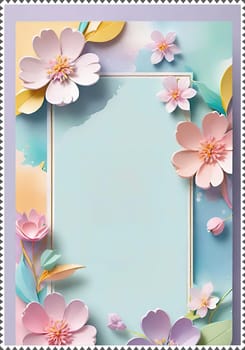 Cherry blossom frame on pastel background with space for text. Sakura.Paper art of Cherry blossom with frame on pastel background.Paper cut style.Spring background with sakura flowers and leaves. Vector paper illustration.3d rendering.Spring flowers frame with copy space for your text. Pastel colors.Minimal style.İnvitation and celebrations.