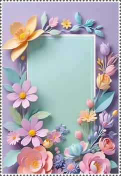 Cherry blossom frame on pastel background with space for text. Sakura.Paper art of Cherry blossom with frame on pastel background.Paper cut style.Spring background with sakura flowers and leaves. Vector paper illustration.3d rendering.Spring flowers frame with copy space for your text. Pastel colors.Minimal style.İnvitation and celebrations.