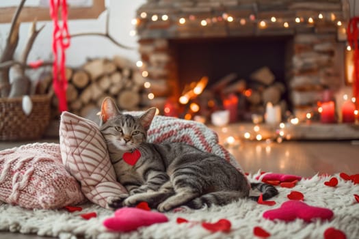 A couple of happy kittens cats together in a cozy room. Kittens loving each other. Adorable cat hugs for Valentine's Day. pragma