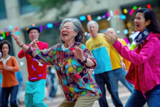 senior people dance on the street in fun festival pragma , happy retirement concept