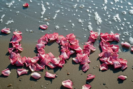 romantic beach of love rose petals on the coastline wide view pragma