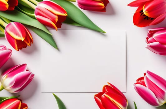 Women's Day card with copy space for text in a frame of pink and red tulips.