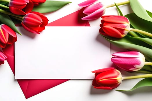 Women's Day card with copy space for text in a frame of pink and red tulips.