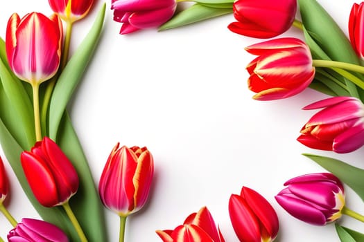 Women's Day card with copy space for text in a frame of pink and red tulips.