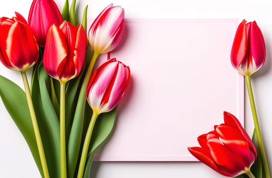 Women's Day card with copy space for text in a frame of pink and red tulips.