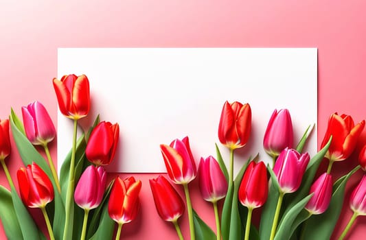 Women's Day card with copy space for text in a frame of pink and red tulips.