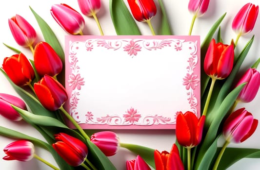 Women's Day card with copy space for text in a frame of pink and red tulips.