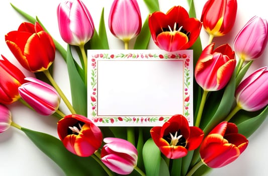 Women's Day card with copy space for text in a frame of pink and red tulips.