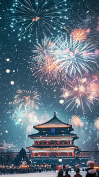 Traditional Chinese house dance against the backdrop of a mesmerizing fireworks display,