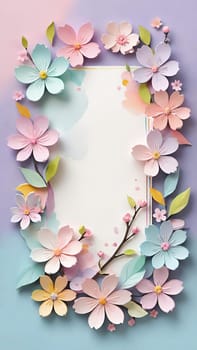 Cherry blossom frame on pastel background with space for text. Sakura.Paper art of Cherry blossom with frame on pastel background.Paper cut style.Spring background with sakura flowers and leaves. Vector paper illustration.3d rendering.Spring flowers frame with copy space for your text. Pastel colors.Minimal style.İnvitation and celebrations.