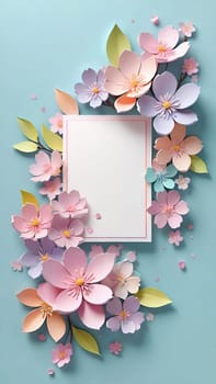 Cherry blossom frame on pastel background with space for text. Sakura.Paper art of Cherry blossom with frame on pastel background.Paper cut style.Spring background with sakura flowers and leaves. Vector paper illustration.3d rendering.Spring flowers frame with copy space for your text. Pastel colors.Minimal style.İnvitation and celebrations.