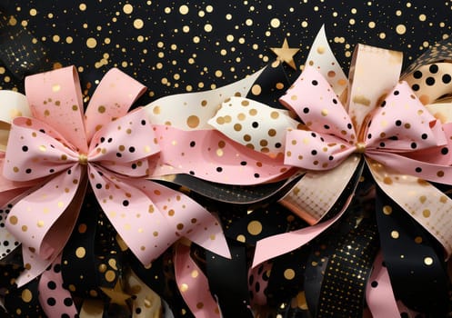 Overhead Celebration: Festive Birthday Gift with Elegant Bow and Confetti on Pink Background