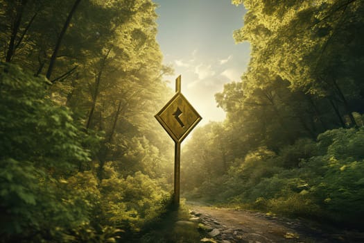 Journey through the Enchanted Forest: A Curved Road, Green Trees, and a Bright Sign in the Natural Woodland Landscape