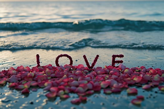 romantic beach of love rose petals on the coastline wide view pragma