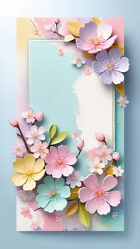 Cherry blossom frame on pastel background with space for text. Sakura.Paper art of Cherry blossom with frame on pastel background.Paper cut style.Spring background with sakura flowers and leaves. Vector paper illustration.3d rendering.Spring flowers frame with copy space for your text. Pastel colors.Minimal style.İnvitation and celebrations.