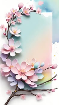 Cherry blossom frame on pastel background with space for text. Sakura.Paper art of Cherry blossom with frame on pastel background.Paper cut style.Spring background with sakura flowers and leaves. Vector paper illustration.3d rendering.Spring flowers frame with copy space for your text. Pastel colors.Minimal style.İnvitation and celebrations.