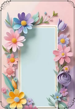 Cherry blossom frame on pastel background with space for text. Sakura.Paper art of Cherry blossom with frame on pastel background.Paper cut style.Spring background with sakura flowers and leaves. Vector paper illustration.3d rendering.Spring flowers frame with copy space for your text. Pastel colors.Minimal style.İnvitation and celebrations.