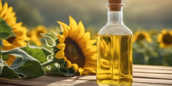 Transparent bottle of oil stands on a wooden table on of a field of sunflowers at background