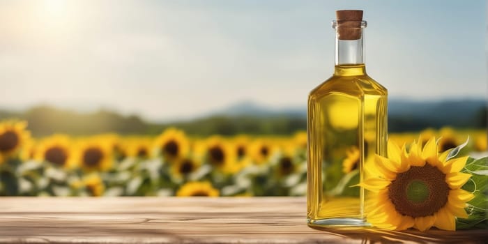 Transparent bottle of oil stands on a wooden table on of a field of sunflowers at background