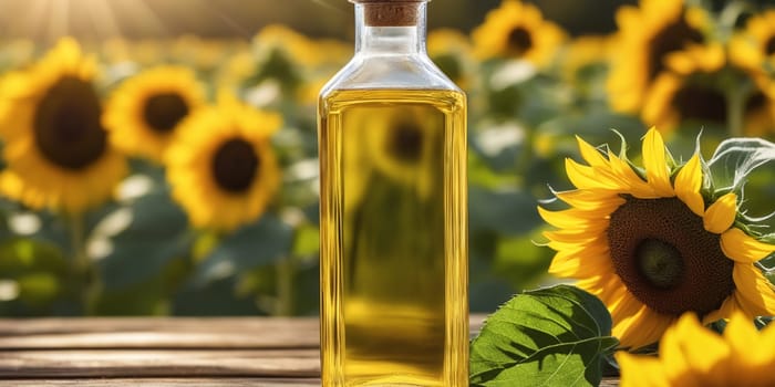 Transparent bottle of oil stands on a wooden table on of a field of sunflowers at background