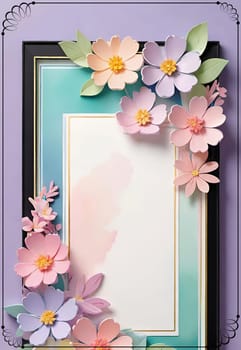 Cherry blossom frame on pastel background with space for text. Sakura.Paper art of Cherry blossom with frame on pastel background.Paper cut style.Spring background with sakura flowers and leaves. Vector paper illustration.3d rendering.Spring flowers frame with copy space for your text. Pastel colors.Minimal style.İnvitation and celebrations.