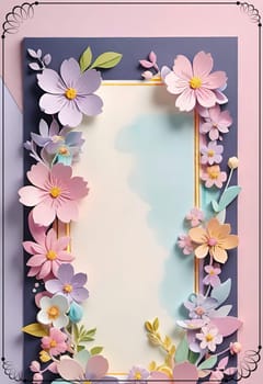 Cherry blossom frame on pastel background with space for text. Sakura.Paper art of Cherry blossom with frame on pastel background.Paper cut style.Spring background with sakura flowers and leaves. Vector paper illustration.3d rendering.Spring flowers frame with copy space for your text. Pastel colors.Minimal style.İnvitation and celebrations.