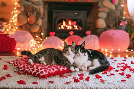 A couple of happy kittens cats together in a cozy room. Kittens loving each other. Adorable cat hugs for Valentine's Day. pragma