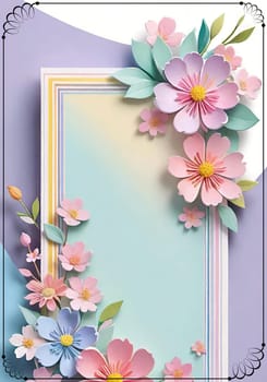 Cherry blossom frame on pastel background with space for text. Sakura.Paper art of Cherry blossom with frame on pastel background.Paper cut style.Spring background with sakura flowers and leaves. Vector paper illustration.3d rendering.Spring flowers frame with copy space for your text. Pastel colors.Minimal style.İnvitation and celebrations.