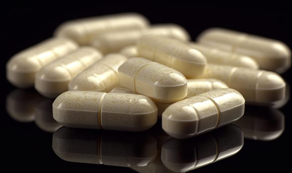 Scattered cream tablets on a dark background close-up. Selective soft focus.