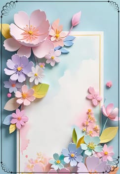 Cherry blossom frame on pastel background with space for text. Sakura.Paper art of Cherry blossom with frame on pastel background.Paper cut style.Spring background with sakura flowers and leaves. Vector paper illustration.3d rendering.Spring flowers frame with copy space for your text. Pastel colors.Minimal style.İnvitation and celebrations.