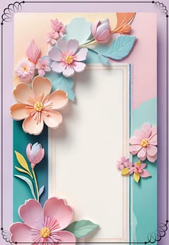 Cherry blossom frame on pastel background with space for text. Sakura.Paper art of Cherry blossom with frame on pastel background.Paper cut style.Spring background with sakura flowers and leaves. Vector paper illustration.3d rendering.Spring flowers frame with copy space for your text. Pastel colors.Minimal style.İnvitation and celebrations.