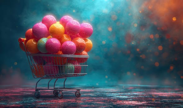 Shopping cart on a colored background with colored balls. Selective soft focus.