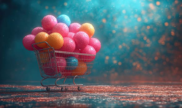 Shopping cart on a colored background with colored balls. Selective soft focus.