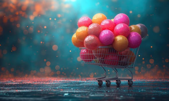 Shopping cart on a colored background with colored balls. Selective soft focus.