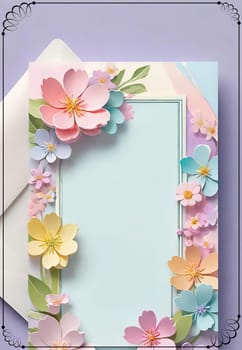 Cherry blossom frame on pastel background with space for text. Sakura.Paper art of Cherry blossom with frame on pastel background.Paper cut style.Spring background with sakura flowers and leaves. Vector paper illustration.3d rendering.Spring flowers frame with copy space for your text. Pastel colors.Minimal style.İnvitation and celebrations.