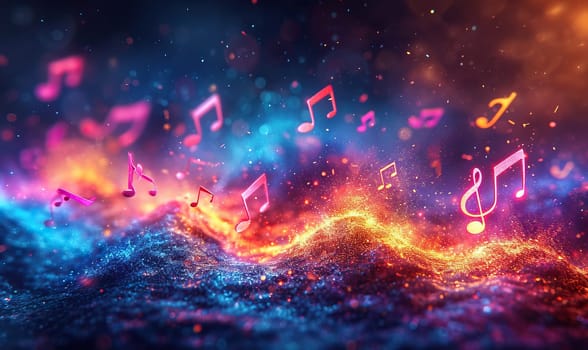 Abstract colorful musical background with notes, instruments. Selective soft focus.