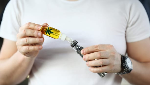 Refill hemp oil from bottle electronic cigarette. Strong effect on human body. Determine quality hemp oil. Legal liquid for electronic cigarettes with marijuana. Inhalation vapor without nicotine