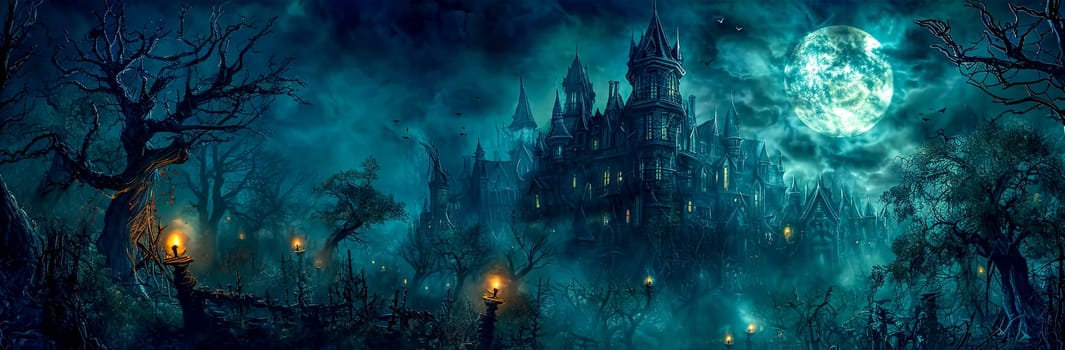 Gothic haunted mansion in a creepy forest under a full moon