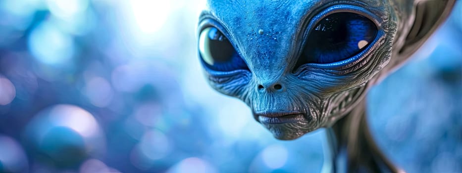 Alien creature with large eyes and blue skin against a bokeh light background