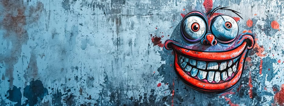 Graffiti of a whimsical smiling face on a grungy wall with paint splatters. copy space