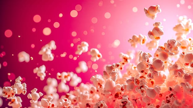 Exploding popcorn against a vibrant pink bokeh background, capturing the dynamic motion and festive vibe.