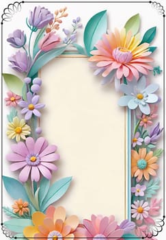 Cherry blossom frame on pastel background with space for text. Sakura.Paper art of Cherry blossom with frame on pastel background.Paper cut style.Spring background with sakura flowers and leaves. Vector paper illustration.3d rendering.Spring flowers frame with copy space for your text. Pastel colors.Minimal style.İnvitation and celebrations.