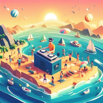 young deejay, wear glasses earphone hosting dj set at crowded beach party tropical island isometric ai generative ai art