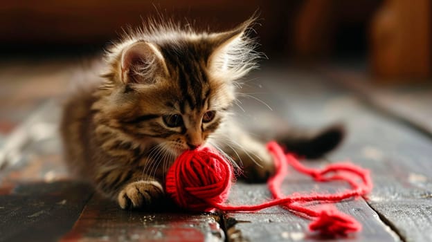 the cat plays with a ball of thread. Selective focus. animal.